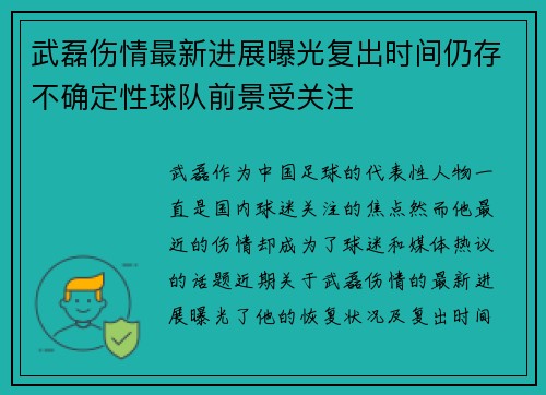 武磊伤情最新进展曝光复出时间仍存不确定性球队前景受关注
