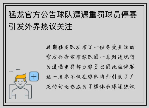 猛龙官方公告球队遭遇重罚球员停赛引发外界热议关注