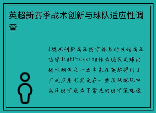 英超新赛季战术创新与球队适应性调查