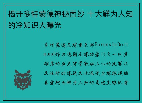 揭开多特蒙德神秘面纱 十大鲜为人知的冷知识大曝光