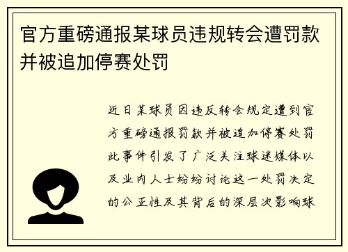官方重磅通报某球员违规转会遭罚款并被追加停赛处罚